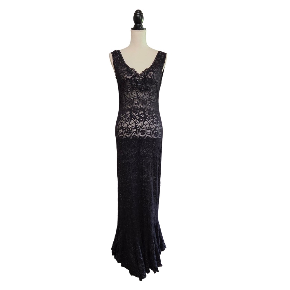 Vtg 90s Frederick's Of Hollywood 2X Sheer Black Lace Beaded Maxi Lingerie Dress